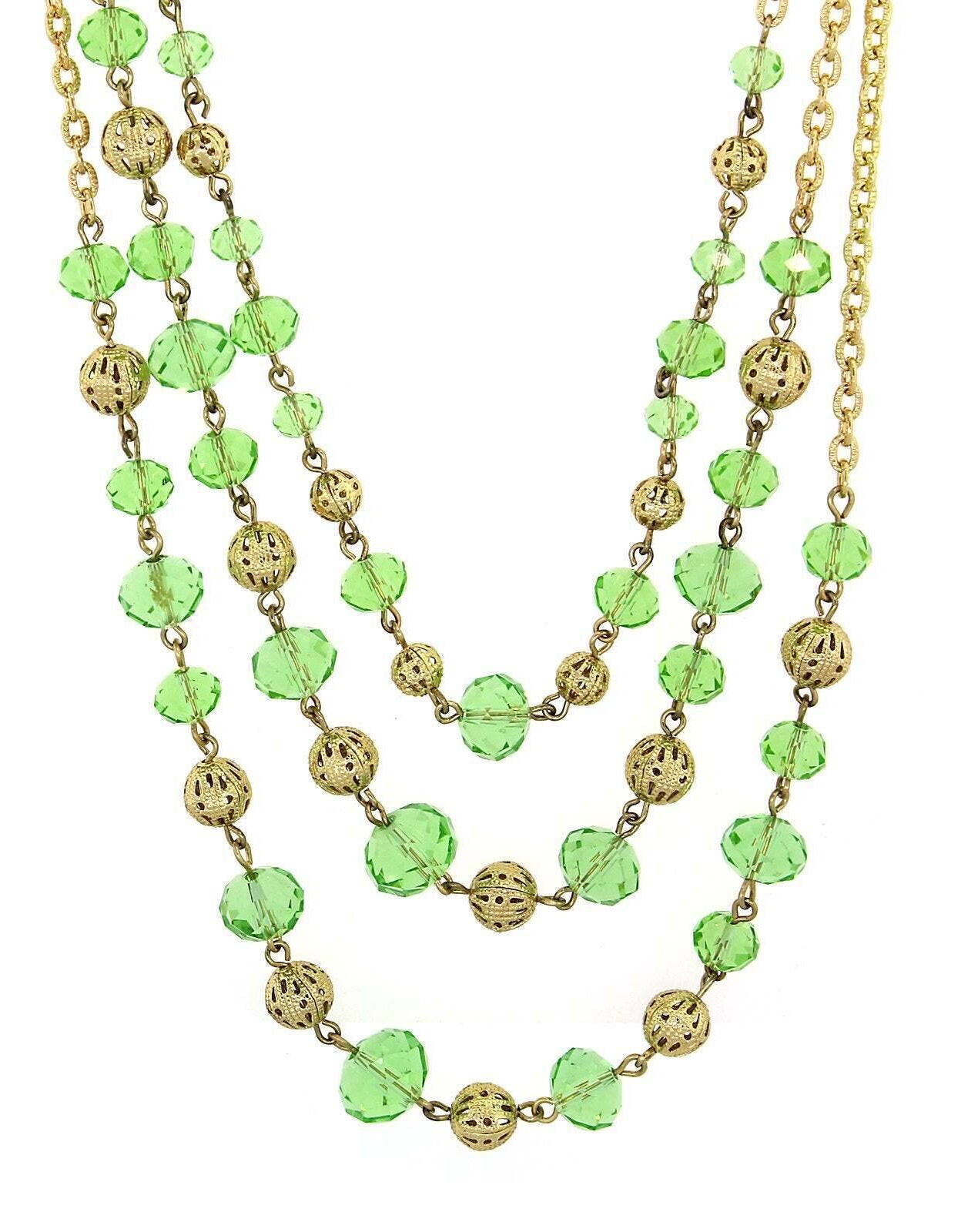 2028 Jewelry Luxe Glass Crystal Puffed Round Filigree Bead 3-Strand Necklace 16" + 3" Extender