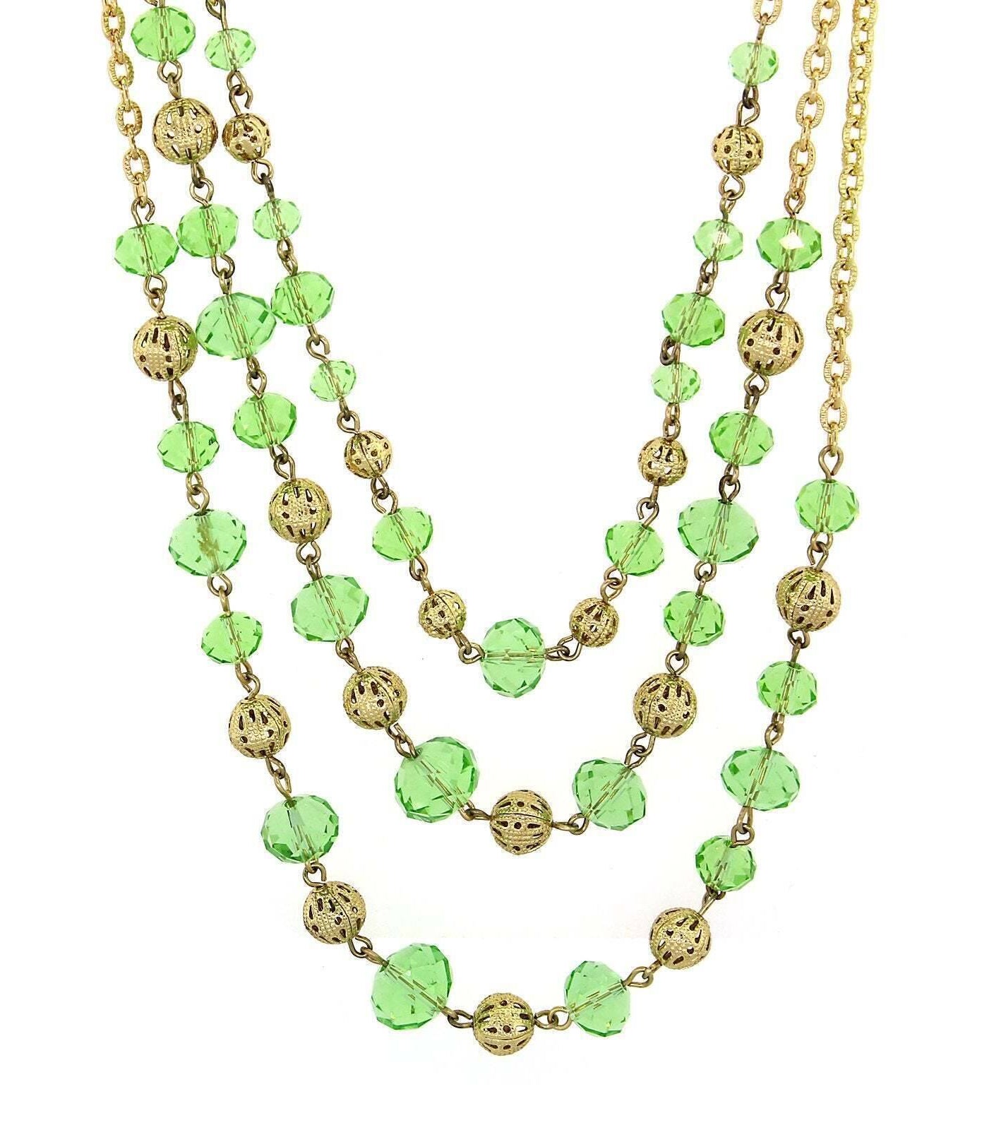 2028 Jewelry Luxe Glass Crystal Puffed Round Filigree Bead 3-Strand Necklace 16" + 3" Extender