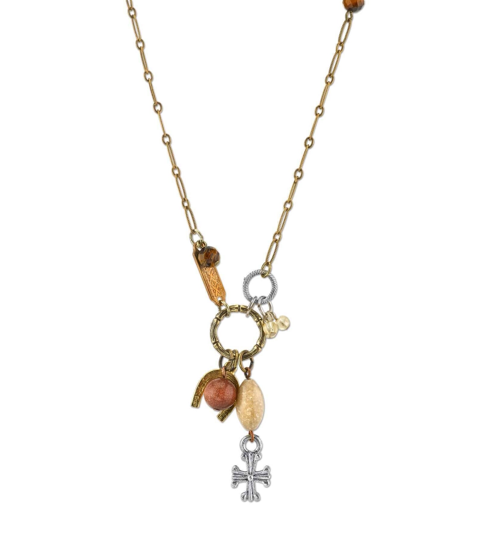 T.R.U. Talisman Of Tenacity With Horseshoe Cross And Gemstone Beads Necklace 30"