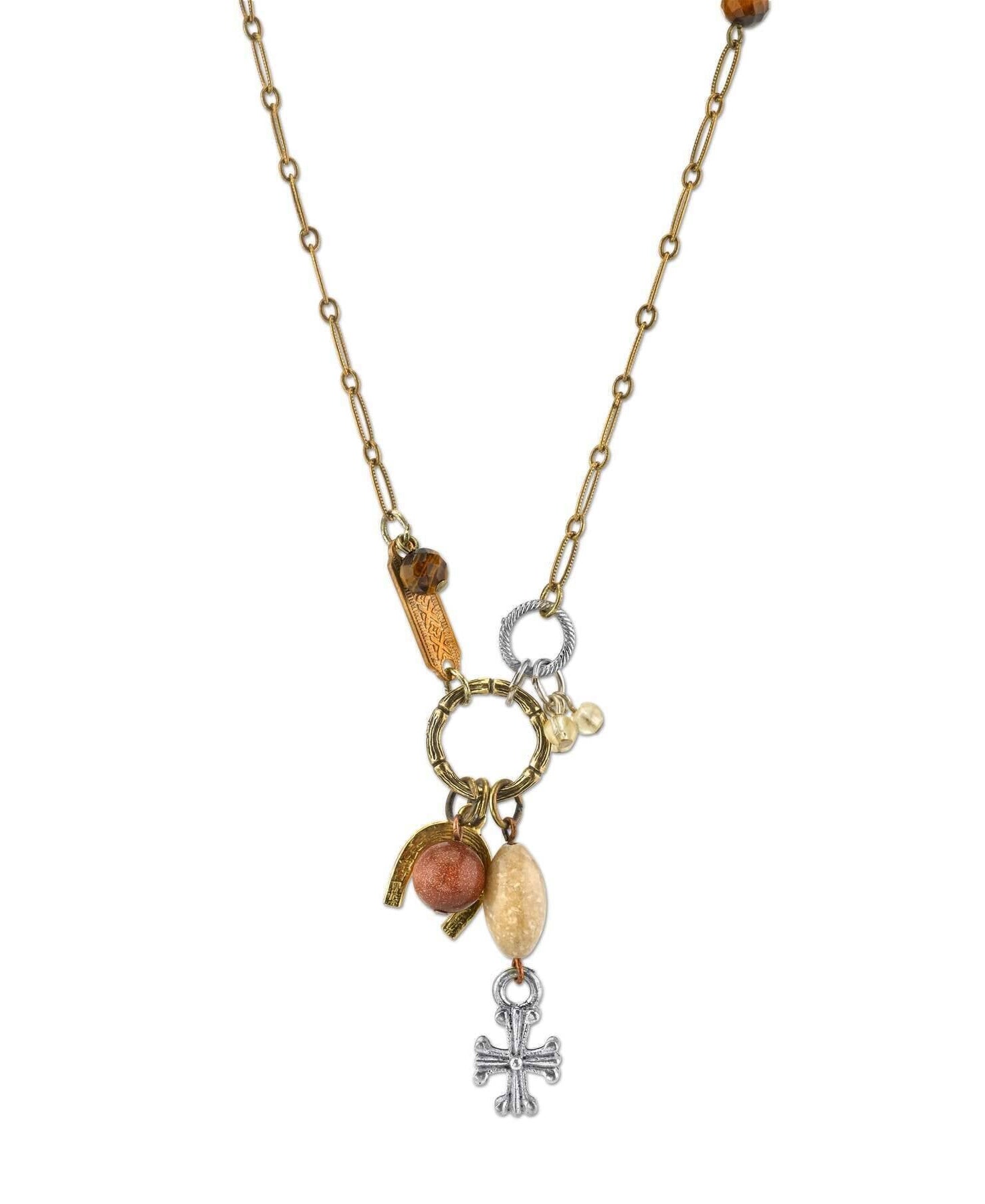 T.R.U. Talisman Of Tenacity With Horseshoe Cross And Gemstone Beads Necklace 30"