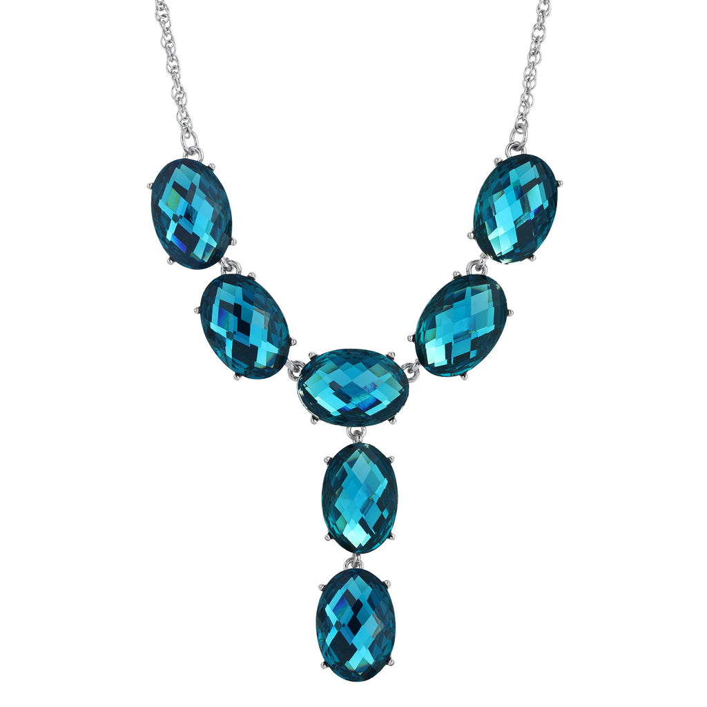 2028 Jewelry Blue Oval Faceted Y Necklace Drop Necklace 15 Inch Chain