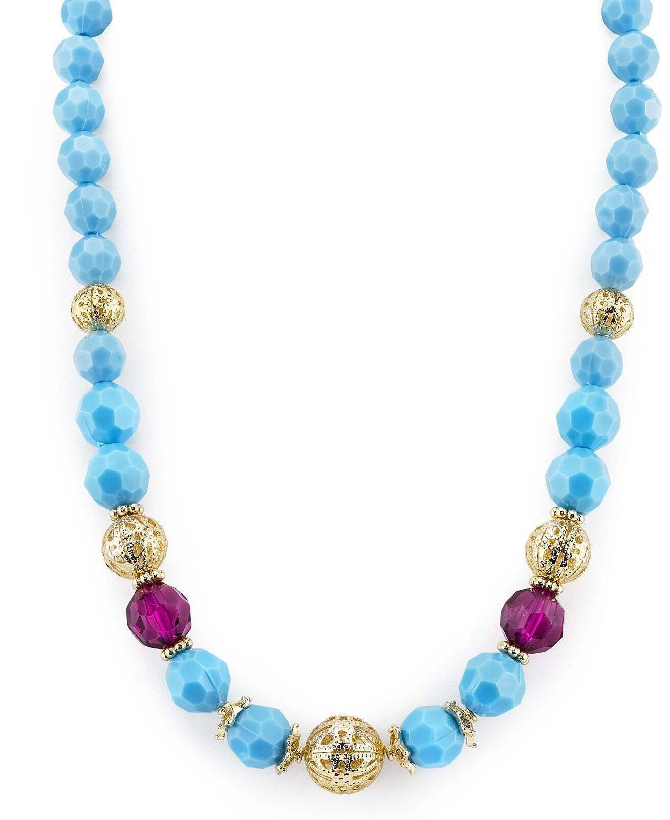 1928 Jewelry Mykonos Turquoise & Gold Filigree Bead Strand Necklace 16" + 3" Extender