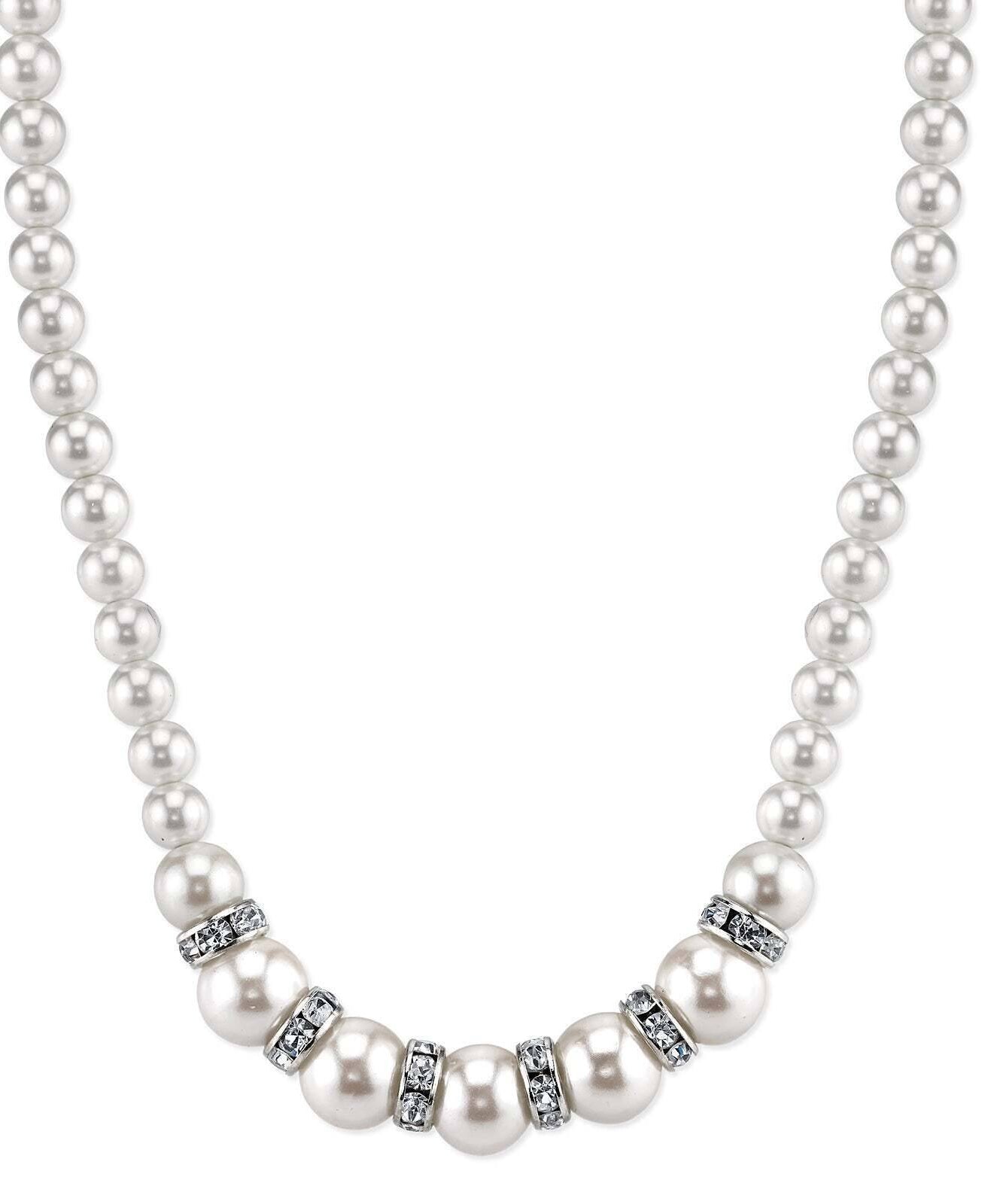 1928 Bridal White Graduated Faux Pearl Strand And Crystal Necklace 15" + 3" Extender