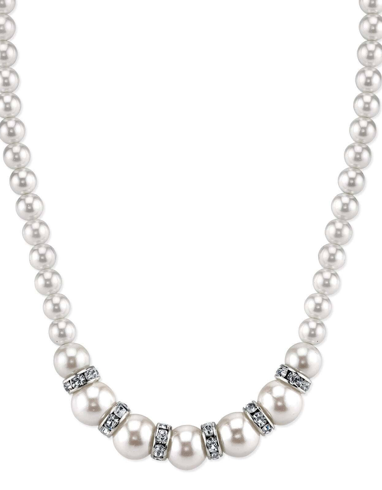 1928 Bridal White Graduated Faux Pearl Strand And Crystal Necklace 15" + 3" Extender