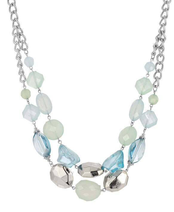 1928 Jewelry Aqua And Mint Green Faceted Beaded 2-Row Necklace 18" + 3" Extender