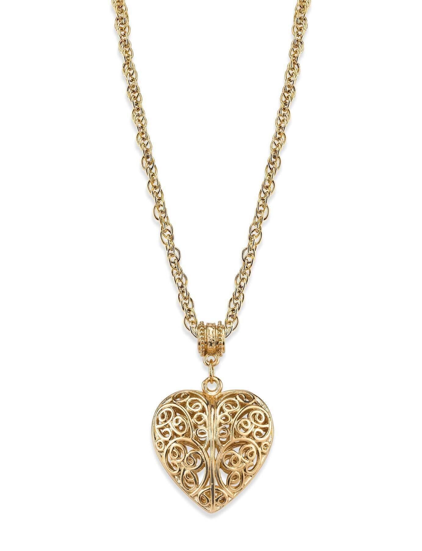 1928 Jewelry Filigree Heart With Austrian Crystal Accent Pendant Necklace 18"