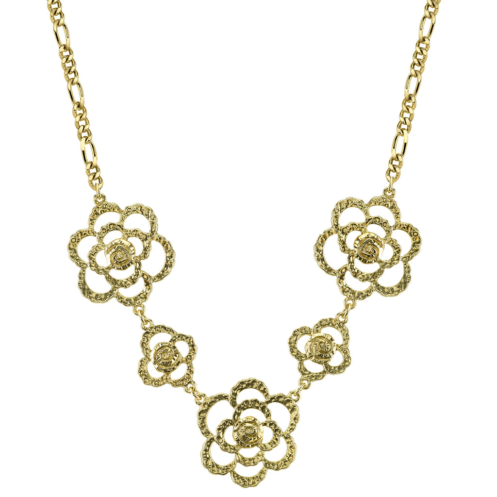 Gold Tone Hammered Flower Necklace 18 In