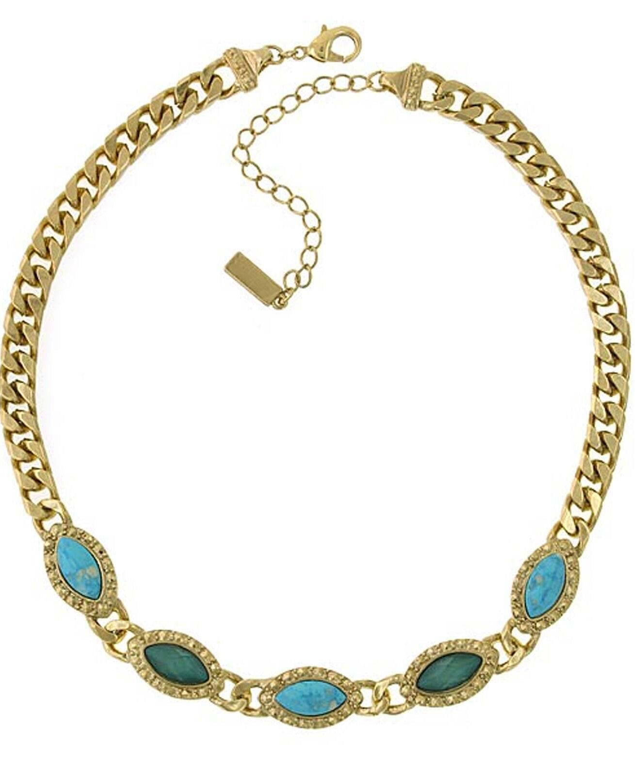 1928 Jewelry Oasis Green & Turquoise Stone Collar Chain Statement Necklace 16" + 3" Extender