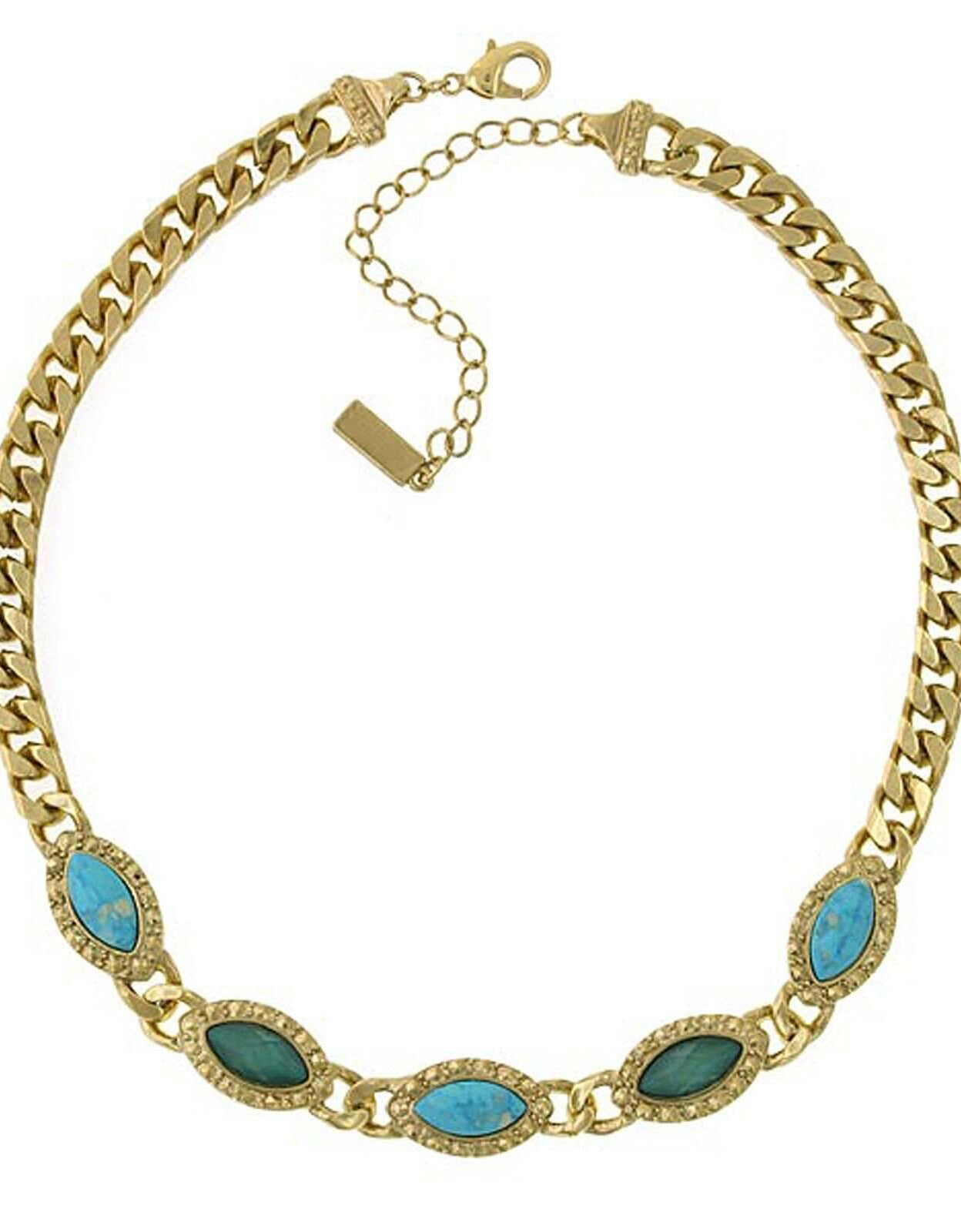 1928 Jewelry Oasis Green & Turquoise Stone Collar Chain Statement Necklace 16" + 3" Extender