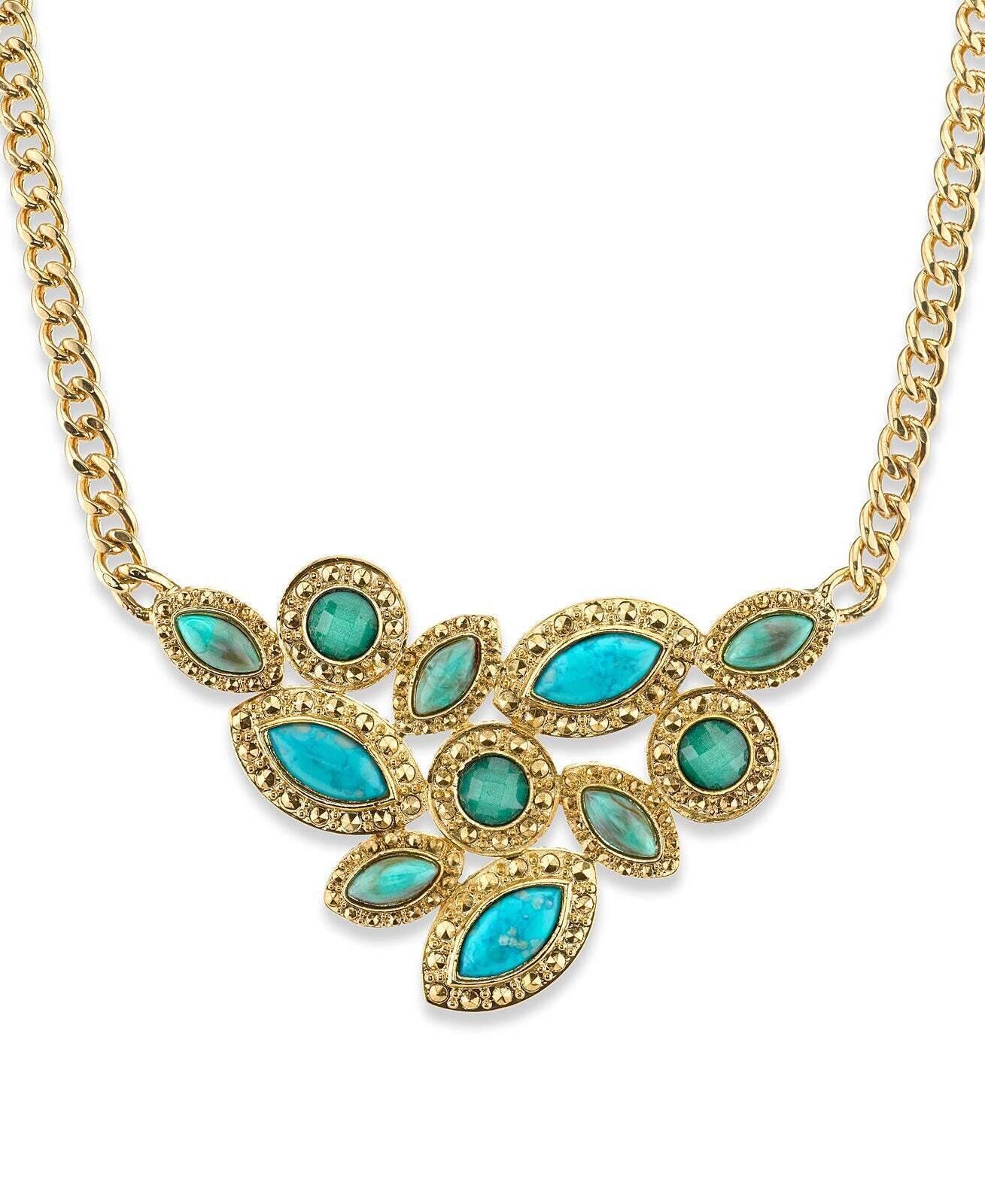 1928 Jewelry Oasis Green & Turquoise Stone Cluster Front Necklace 16" + 3" Extender