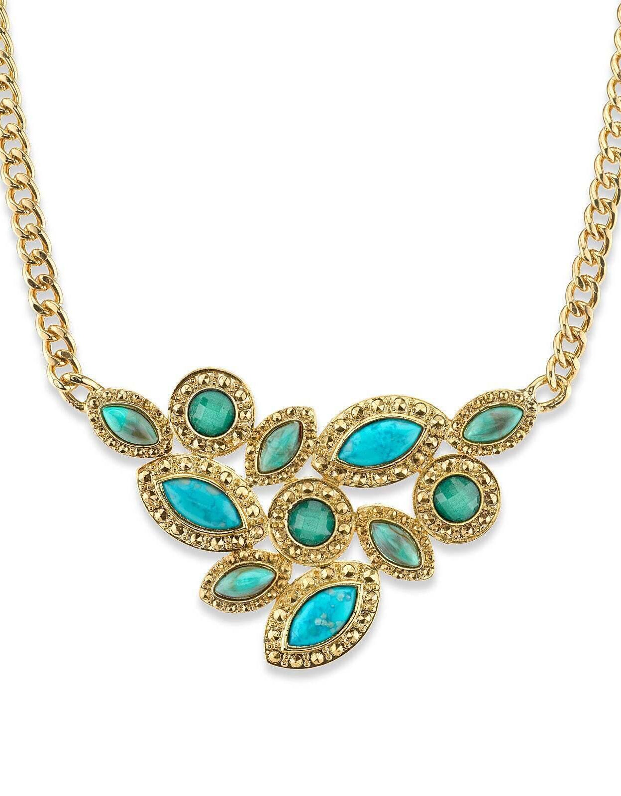 1928 Jewelry Oasis Green & Turquoise Stone Cluster Front Necklace 16" + 3" Extender