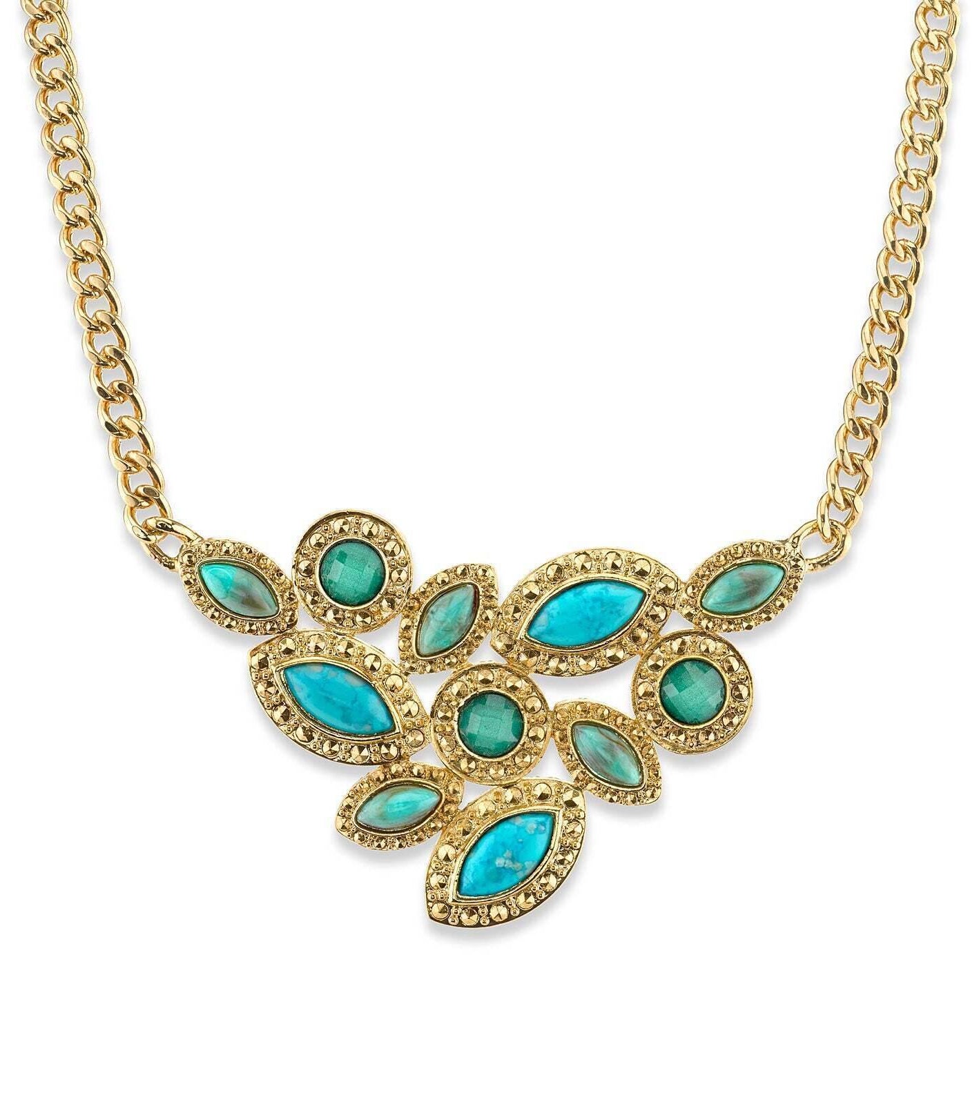 1928 Jewelry Oasis Green & Turquoise Stone Cluster Front Necklace 16" + 3" Extender