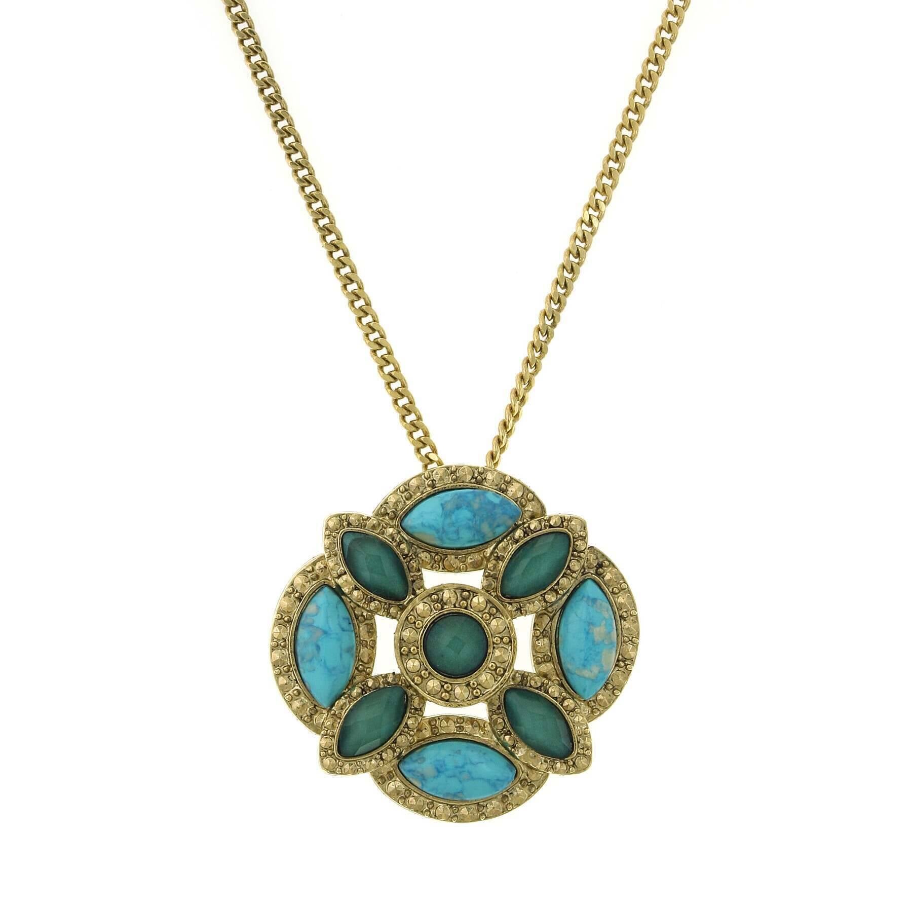 1928 Jewelry Oasis Green & Turquoise Stone Large Pendant Necklace 28"