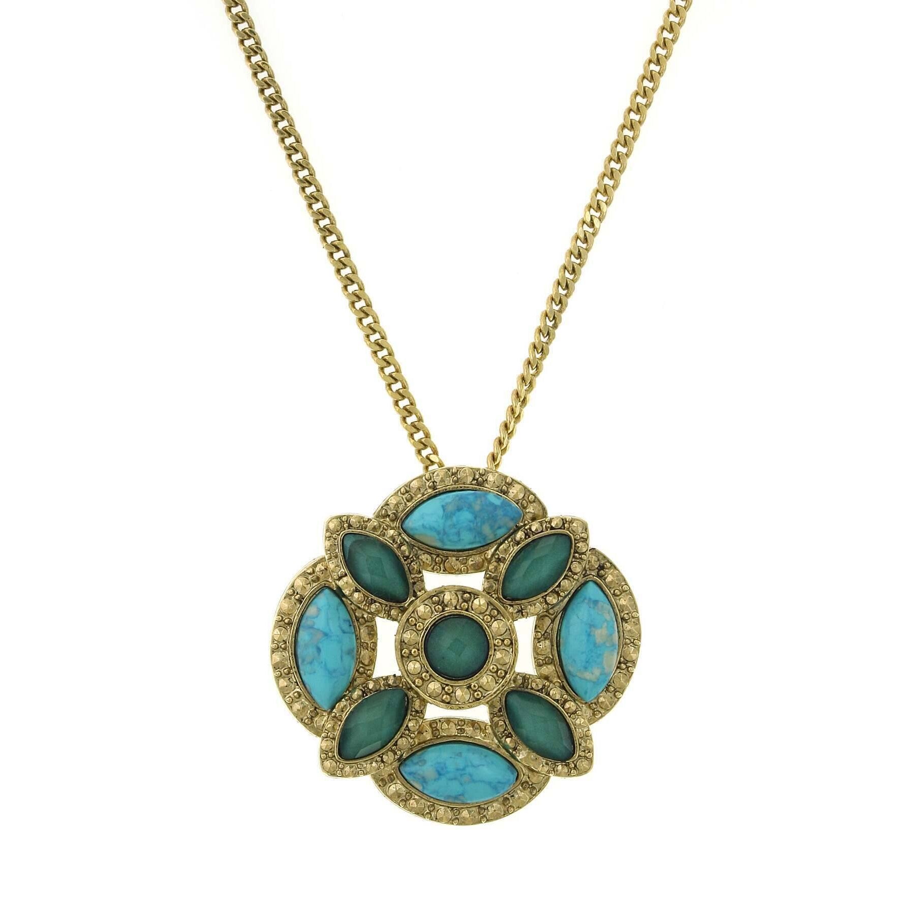 1928 Jewelry Oasis Green & Turquoise Stone Large Pendant Necklace 28"