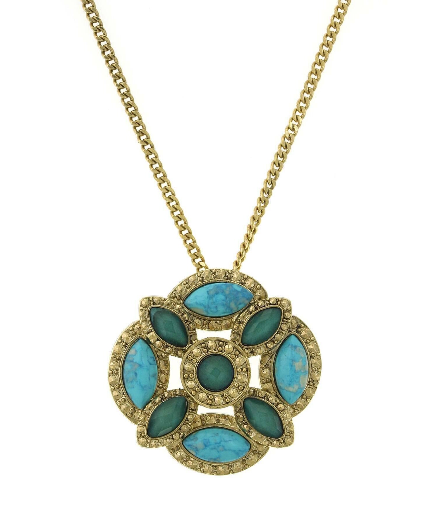 1928 Jewelry Oasis Green & Turquoise Stone Large Pendant Necklace 28"