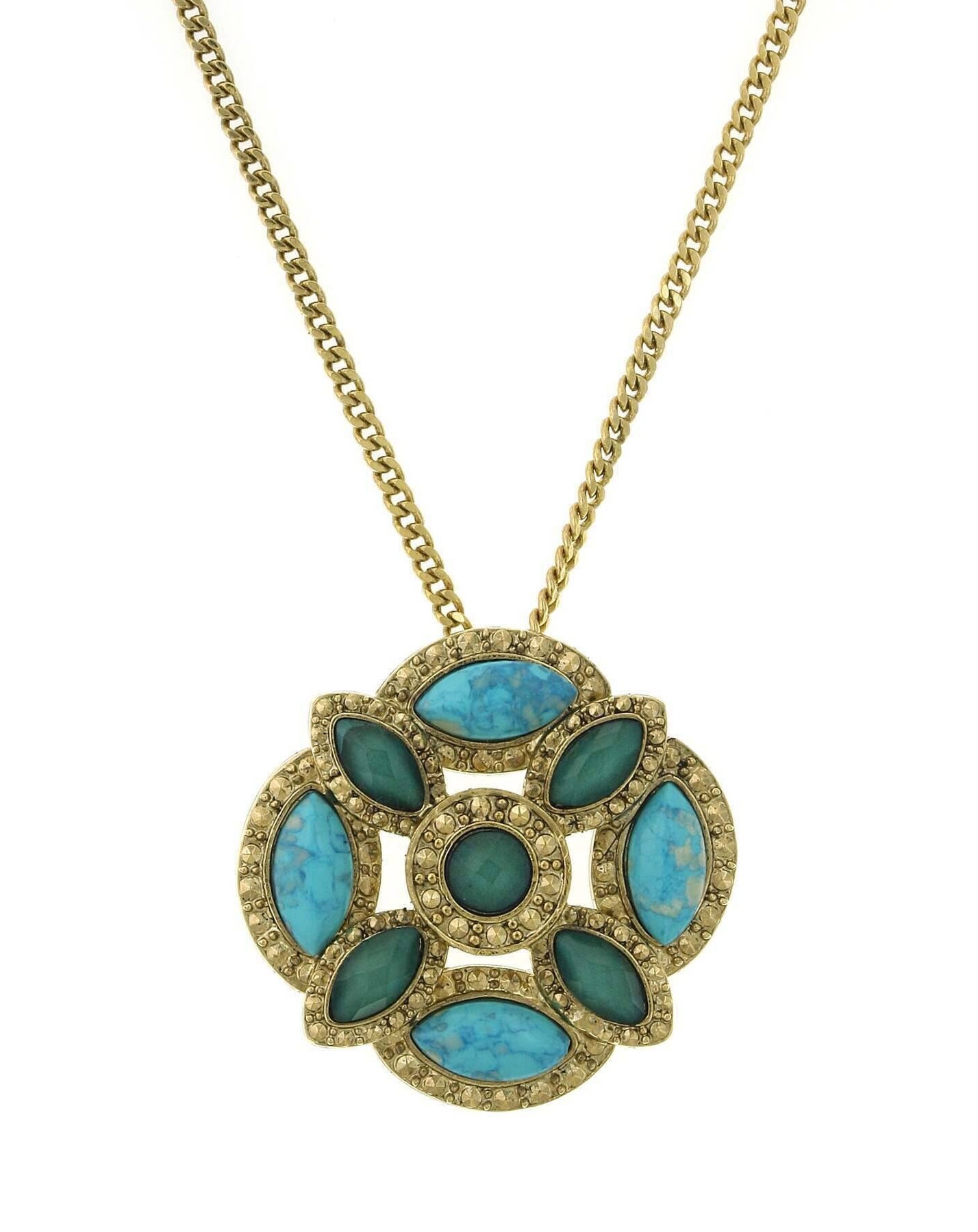 1928 Jewelry Oasis Green & Turquoise Stone Large Pendant Necklace 28"