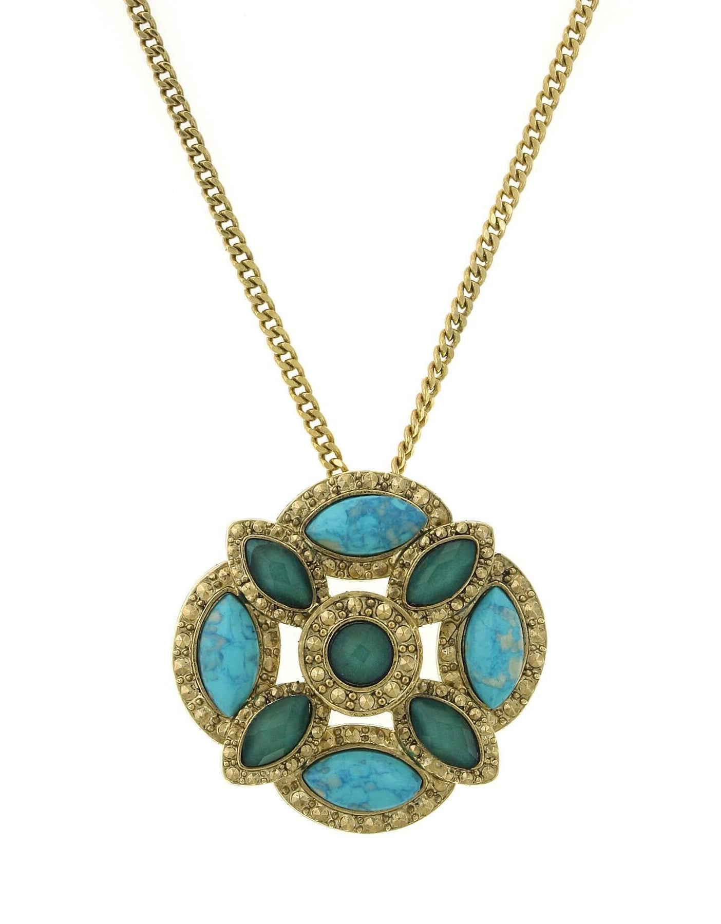 1928 Jewelry Oasis Green & Turquoise Stone Large Pendant Necklace 28"