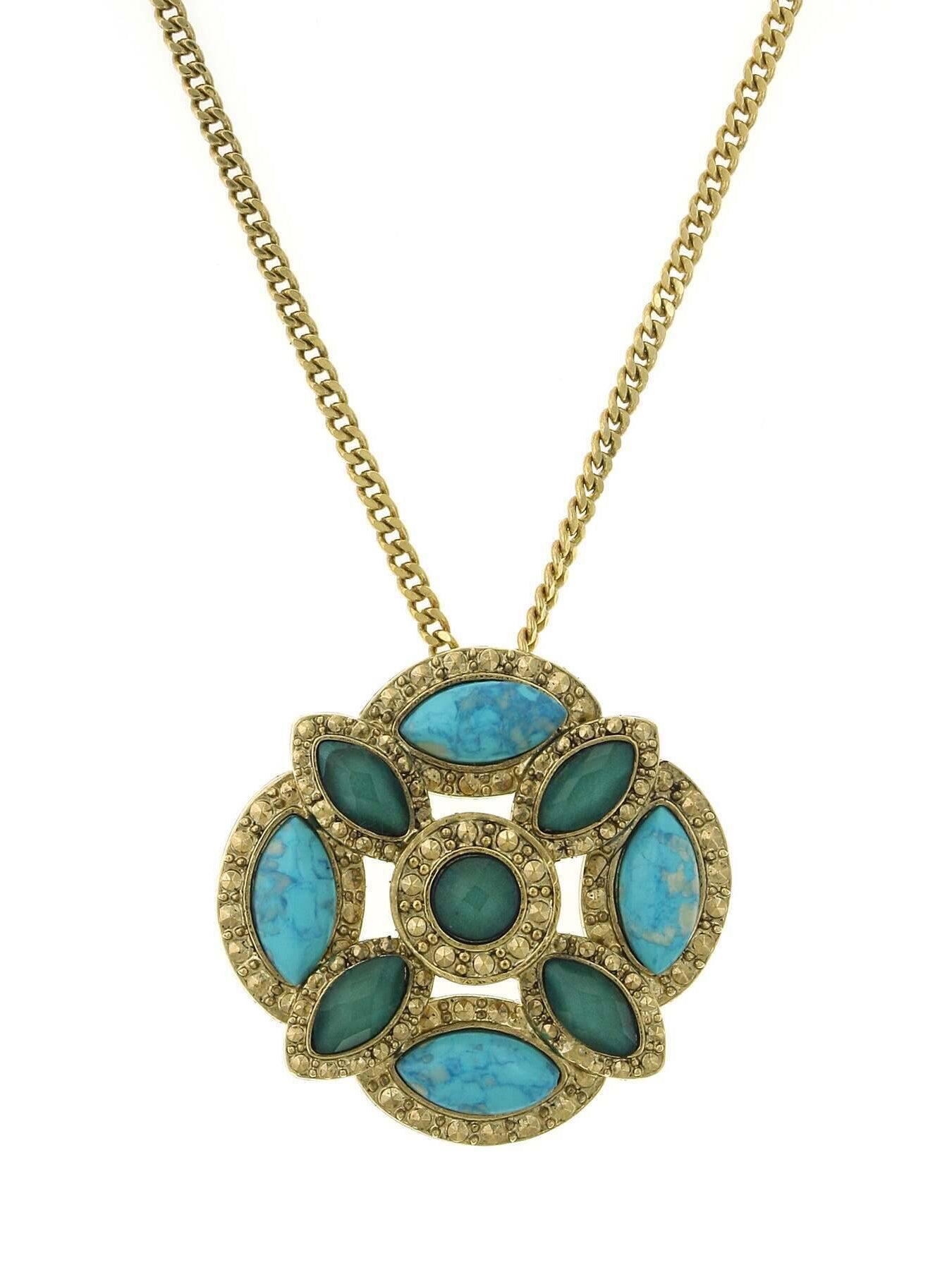 1928 Jewelry Oasis Green & Turquoise Stone Large Pendant Necklace 28"