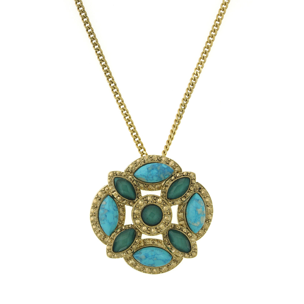 Gold Tone Green And Turquoise Color Large Pendant Necklace 28 In