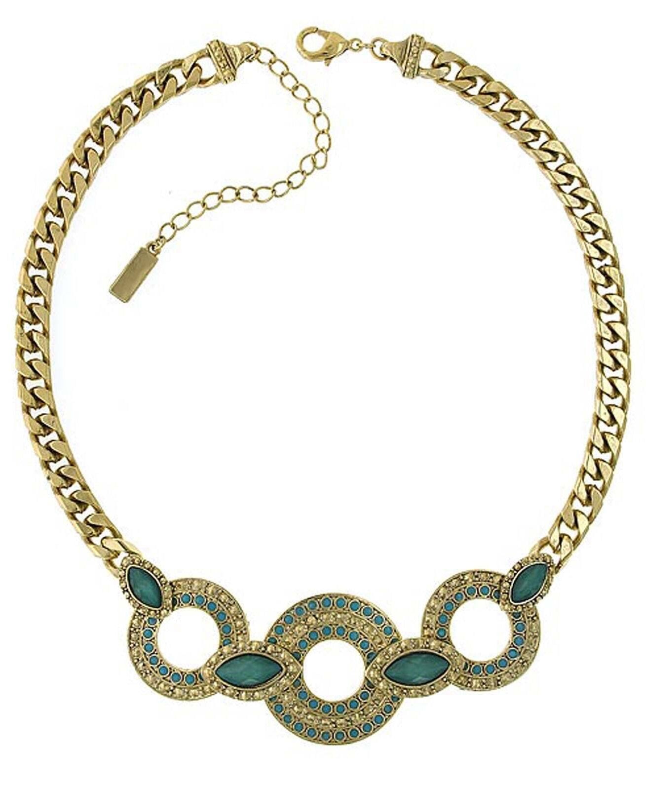 1928 Jewelry Oasis Green And Turquoise Stone 3 Ring Necklace 16" + 3" Extender