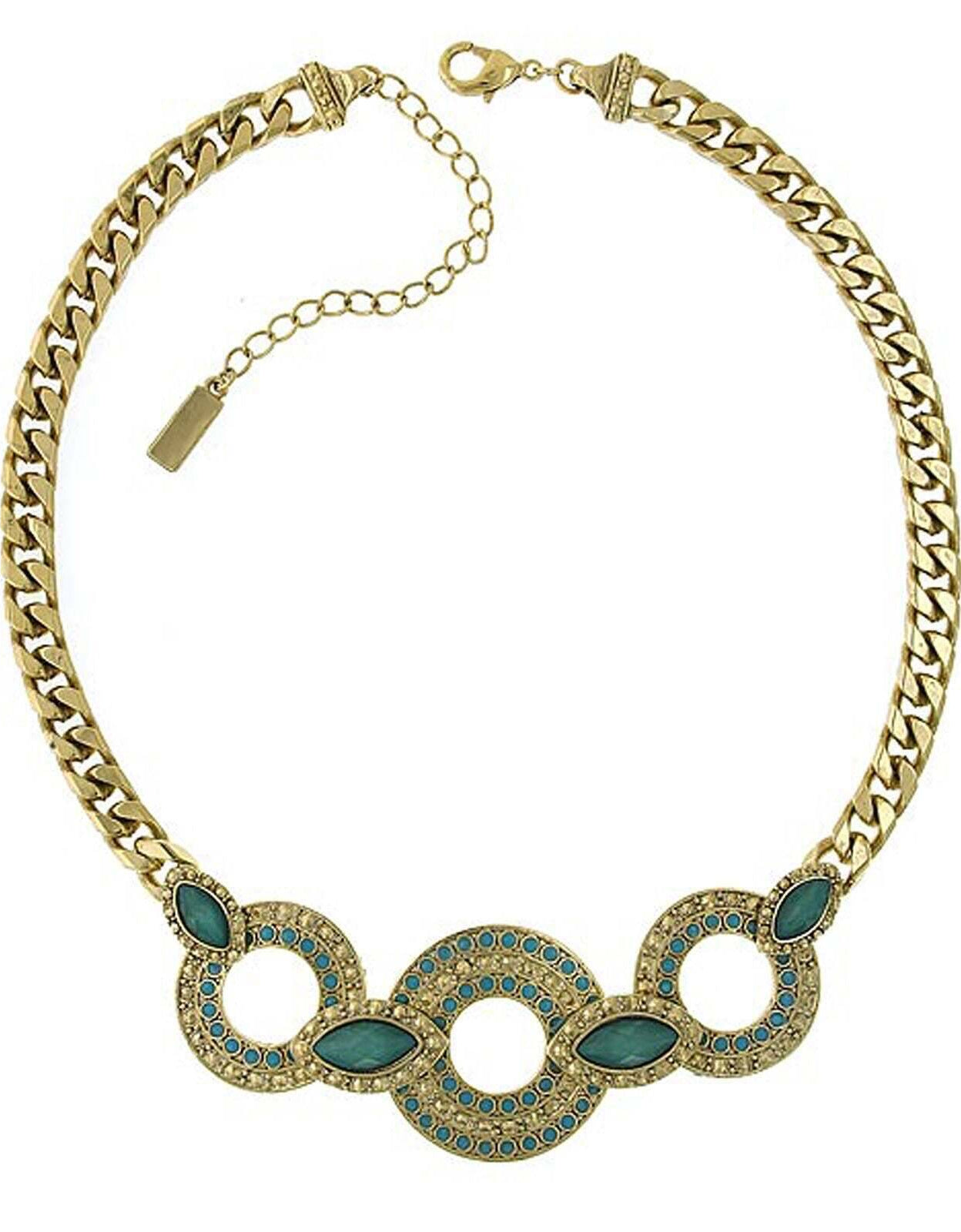 1928 Jewelry Oasis Green And Turquoise Stone 3 Ring Necklace 16" + 3" Extender