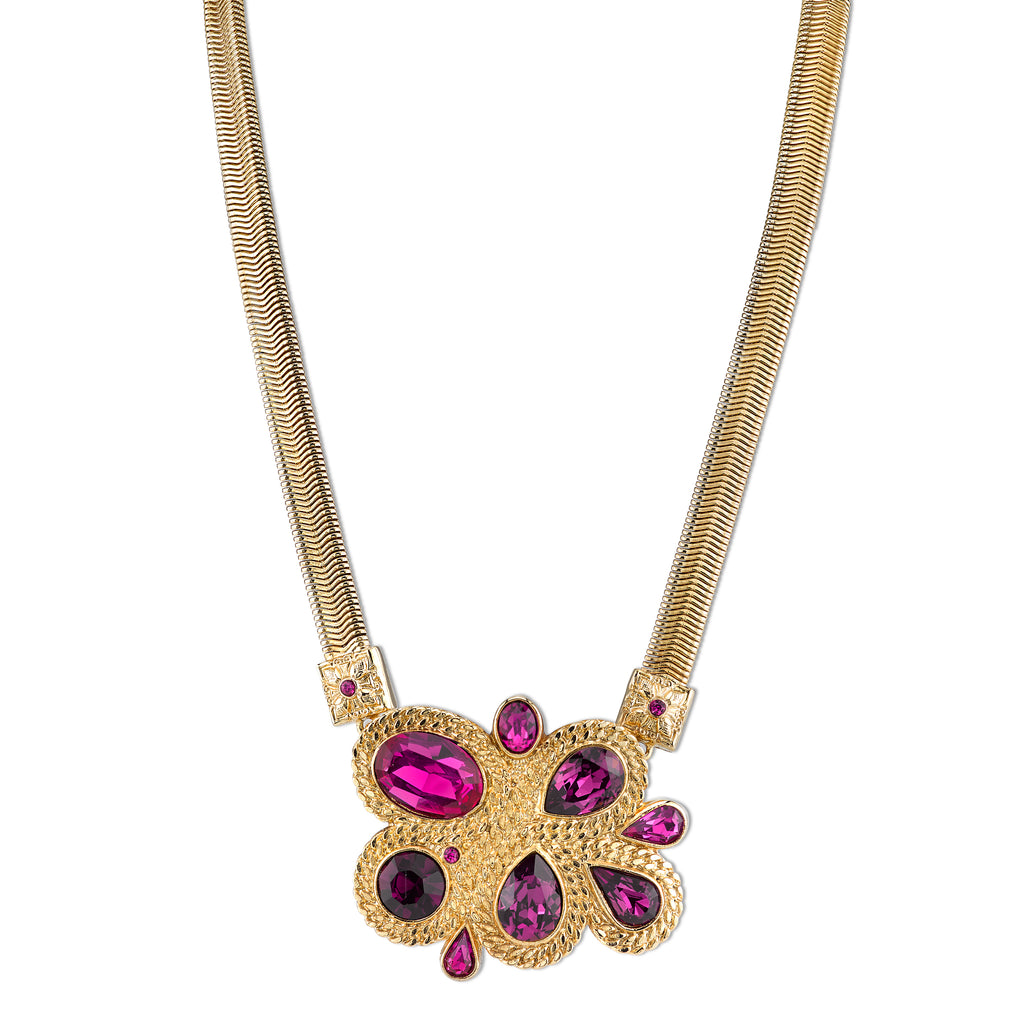 Gold Tone Amethyst Purple Color And Fuschia Cluster Necklace 16   19 Inch Adjustable