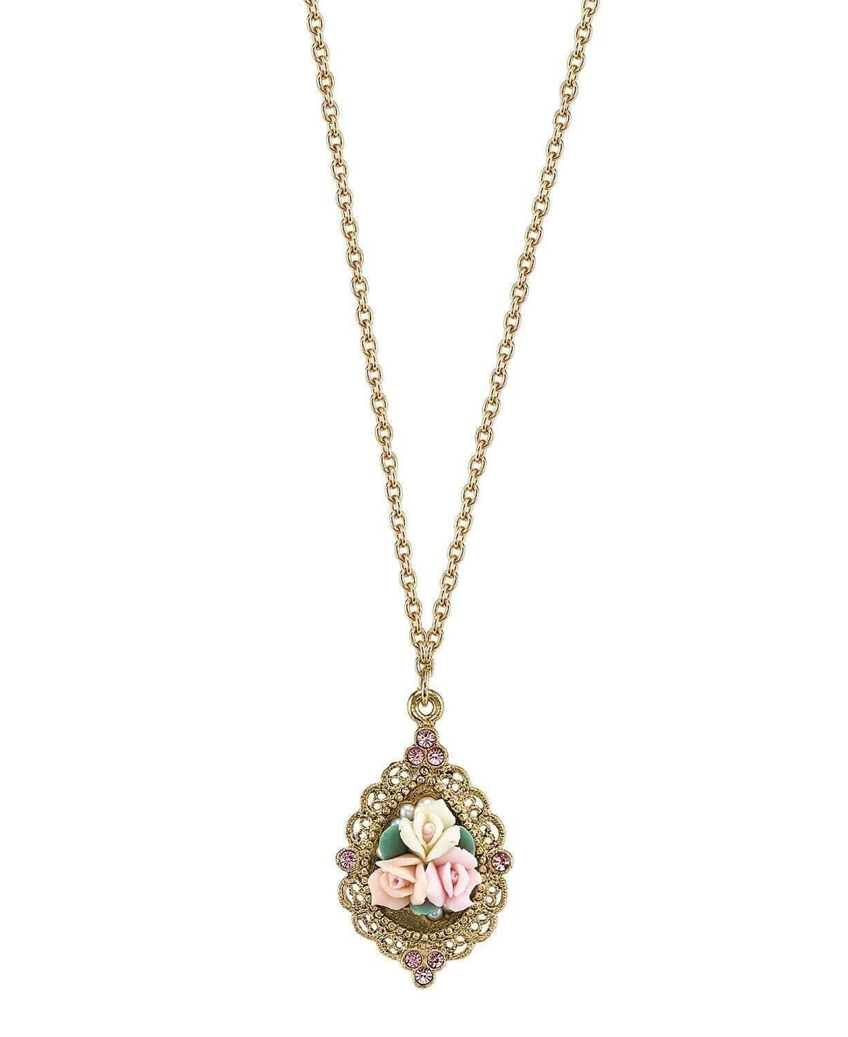 1928 Bridal Pink Crystal And Ivory And Pink Porcelain Rose Pendant Necklace 16" + 3" Extender