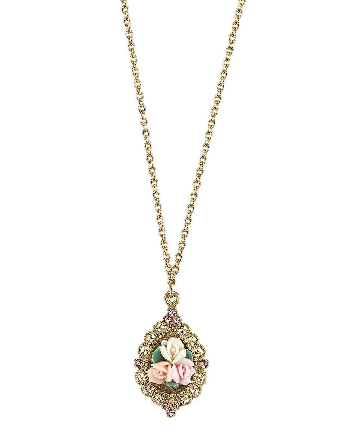 1928 Bridal Pink Crystal And Ivory And Pink Porcelain Rose Pendant Necklace 16" + 3" Extender