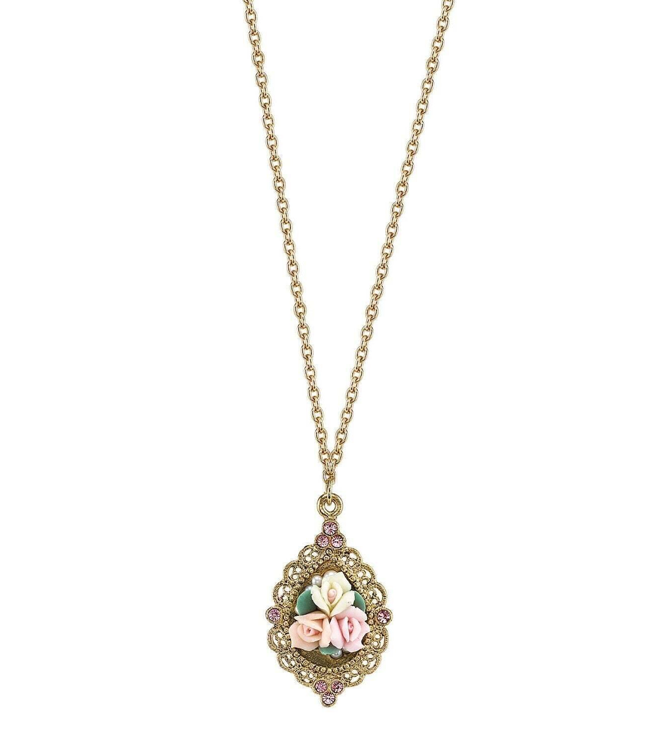 1928 Bridal Pink Crystal And Ivory And Pink Porcelain Rose Pendant Necklace 16" + 3" Extender