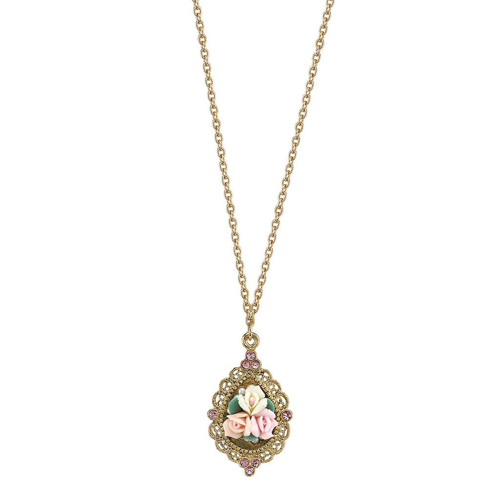 Gold Tone Pink Crystal And Ivory And Pink Porcelain Rose Necklace 16   19 Inch Adjustable