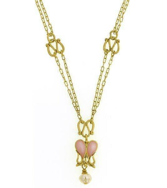 Antiquities Couture Heartbeat Boutique Pink Enamel & Baroque Faux Pearl Pendant Necklace 18"
