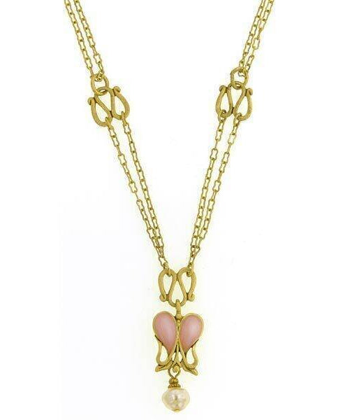 Antiquities Couture Heartbeat Boutique Pink Enamel & Baroque Faux Pearl Pendant Necklace 18"