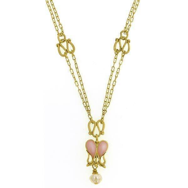 Antiquities Couture Heartbeat Boutique Pink Enamel & Baroque Faux Pearl Pendant Necklace 18"