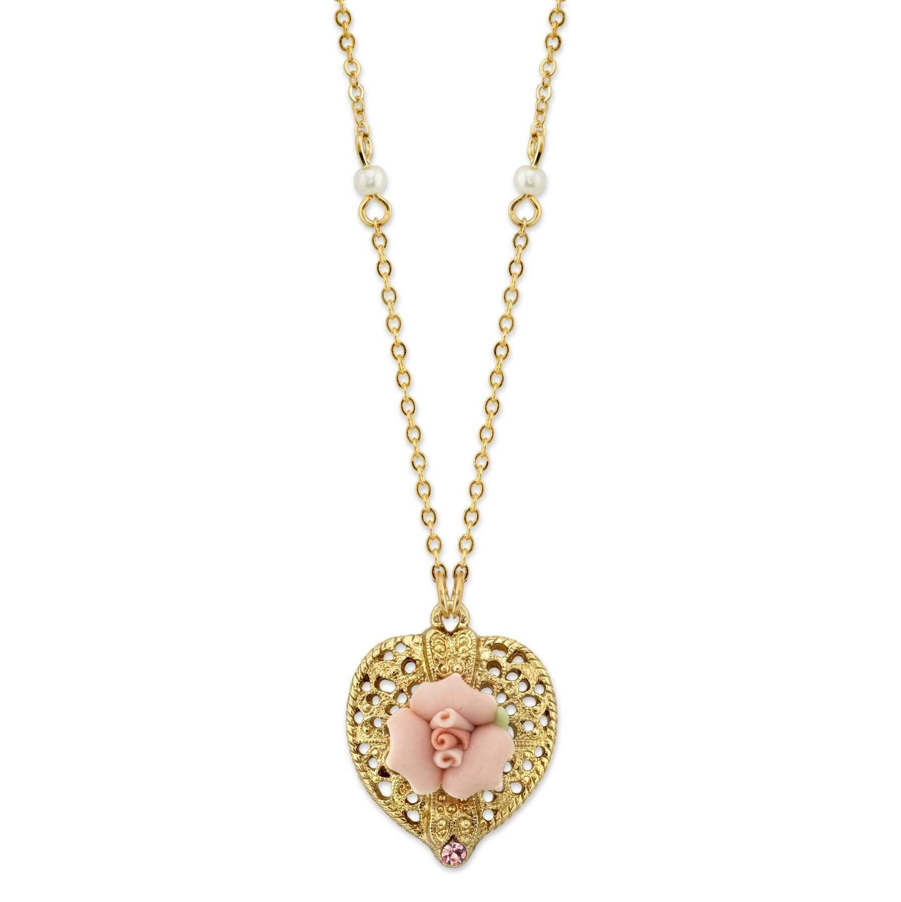1928 Bridal Pink Crystal Heart And Pink Porcelain Rose Filigree Pendant Necklace 16" + 3" Extender