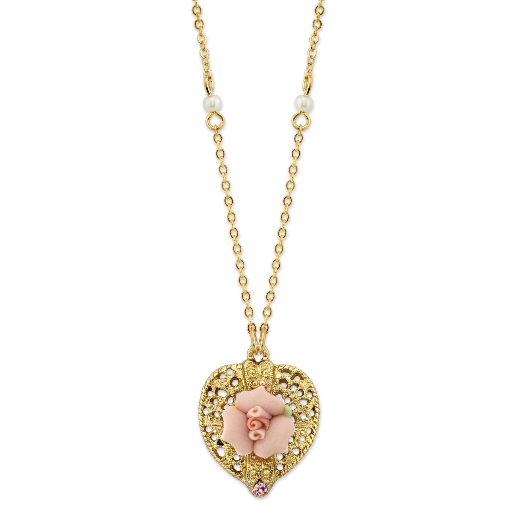 1928 Bridal Pink Crystal Heart And Pink Porcelain Rose Filigree Pendant Necklace 16" + 3" Extender