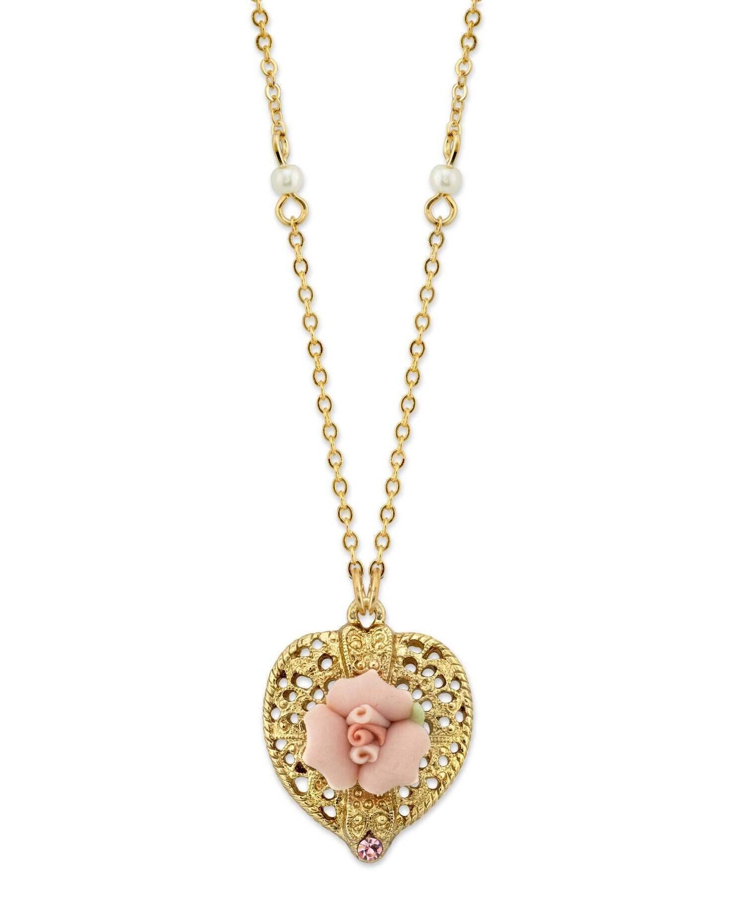 1928 Bridal Pink Crystal Heart And Pink Porcelain Rose Filigree Pendant Necklace 16" + 3" Extender
