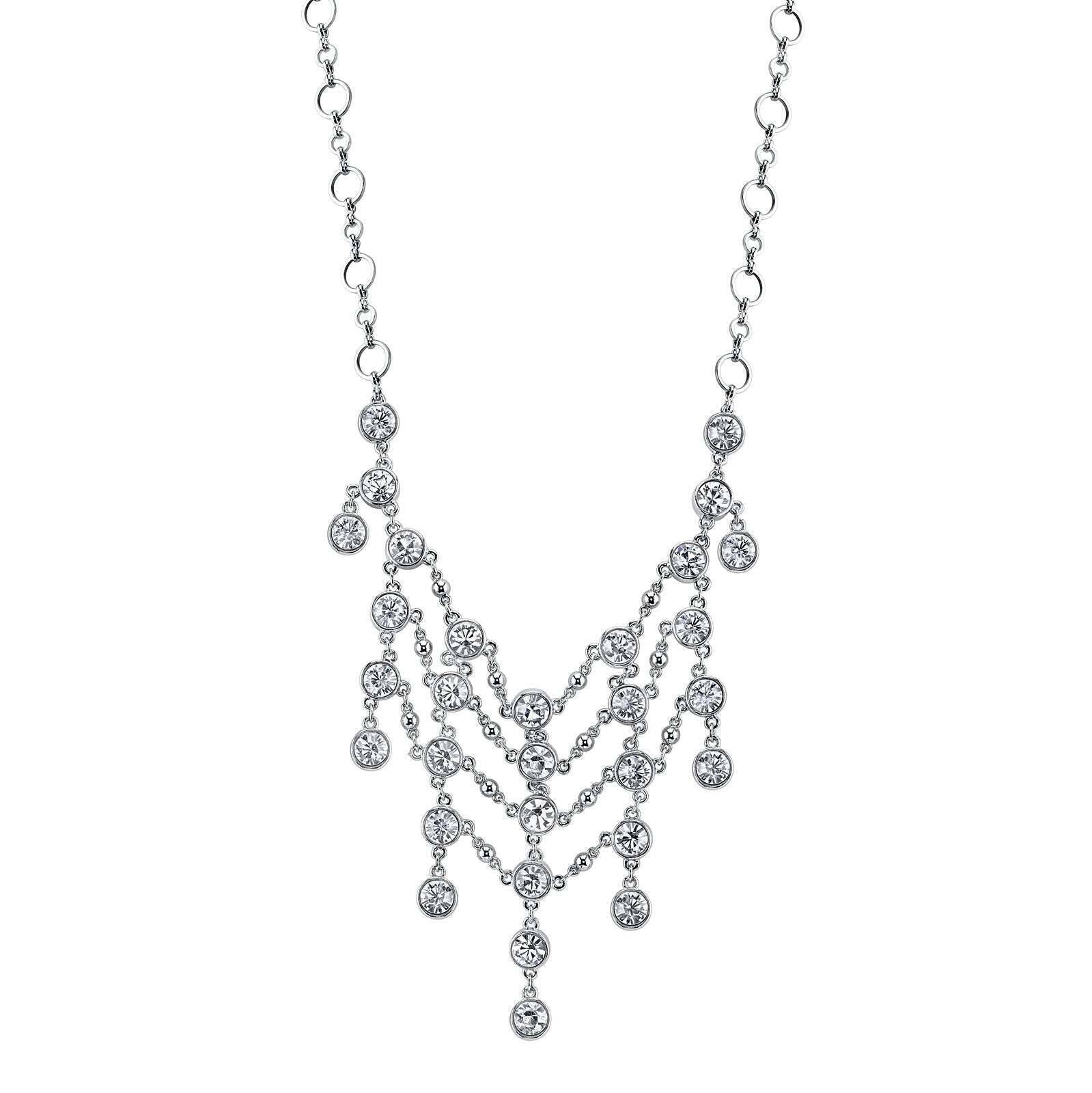 1928 Bridal Crystal Statement Bib Necklace 15" + 3" Extender