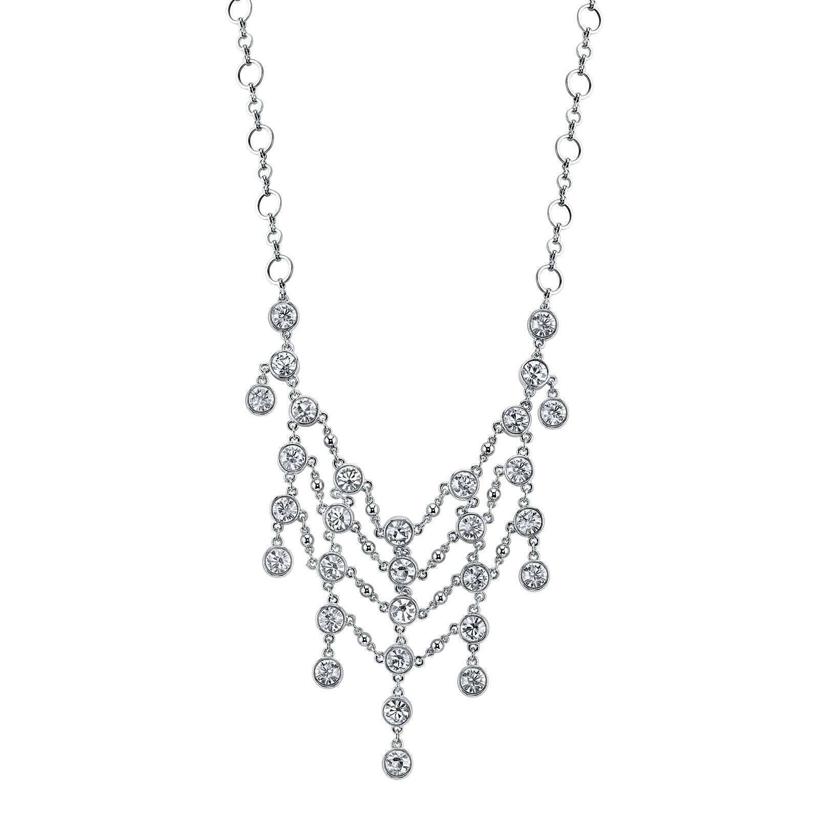 1928 Bridal Crystal Statement Bib Necklace 15" + 3" Extender
