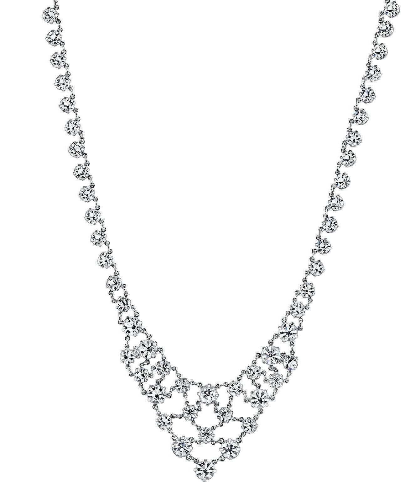 1928 Bridal Austrian Clear Crystal Bib Interwoven Necklace 15" + 3" Extender