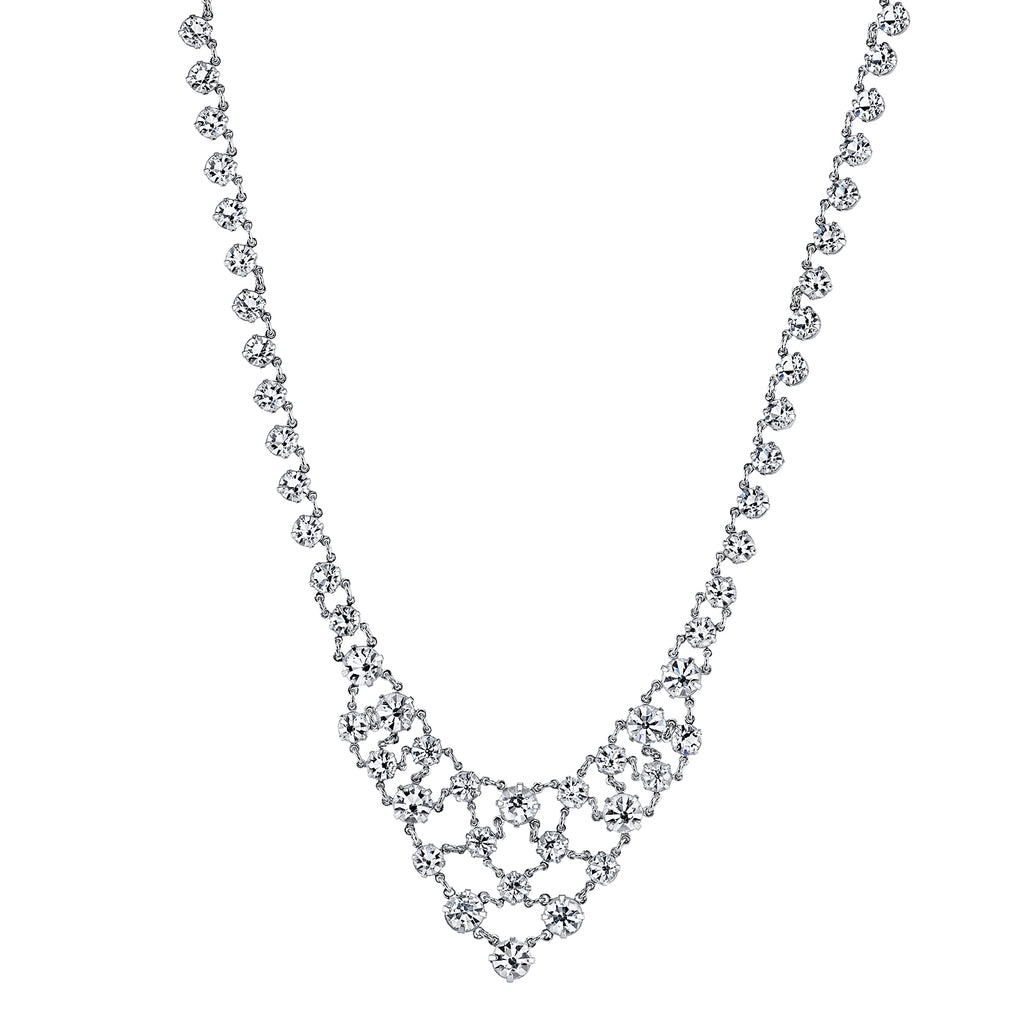 Silver Tone Genuine Austrian Crystal Bib Interwoven Necklace 15 In. Adj.