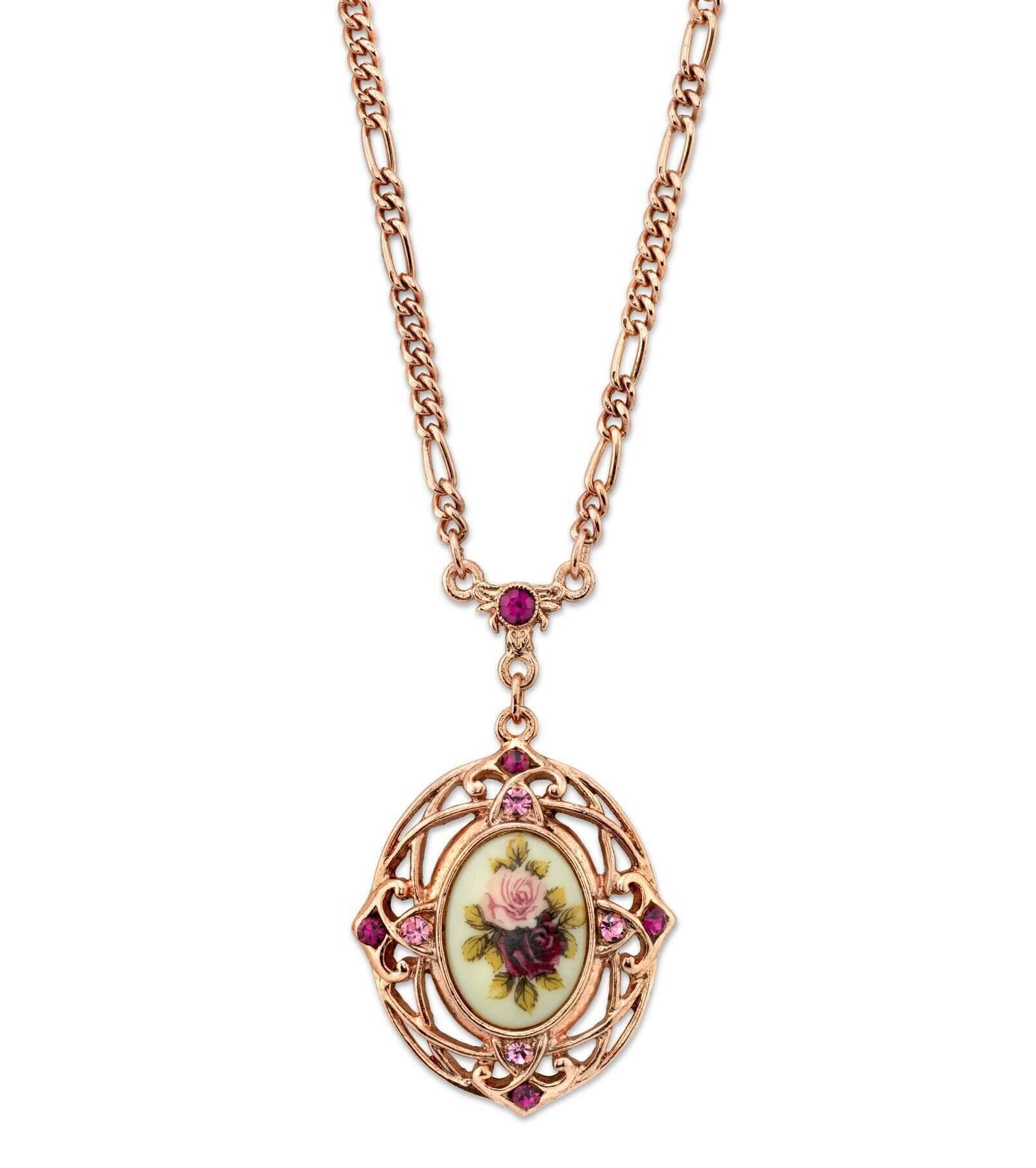 1928 Jewelry Manor House Rose Purple Crystal Flower Pendant Necklace 28"