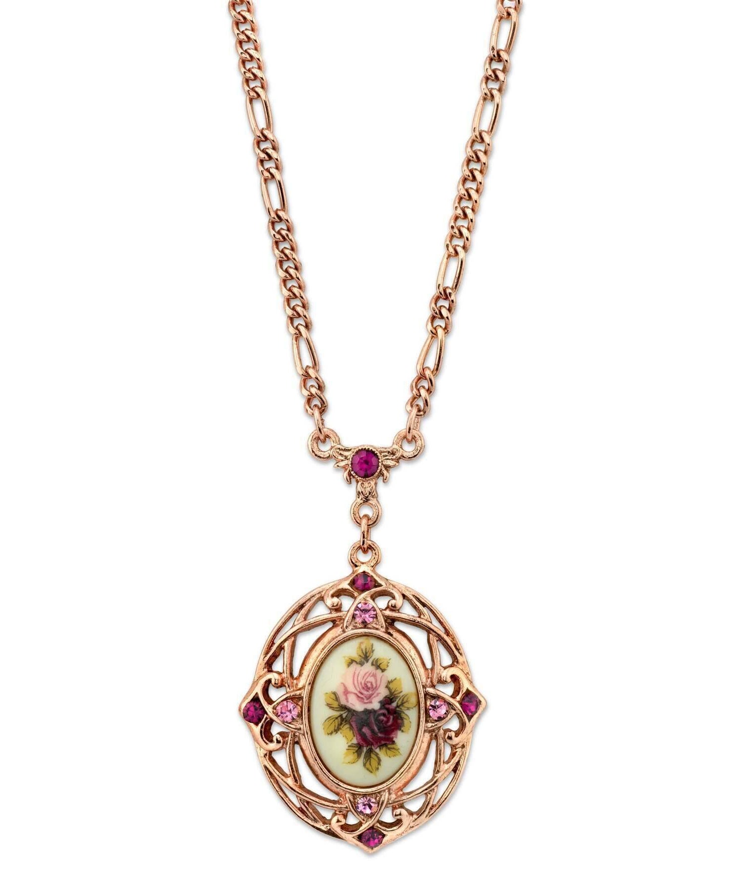 1928 Jewelry Manor House Rose Purple Crystal Flower Pendant Necklace 28"