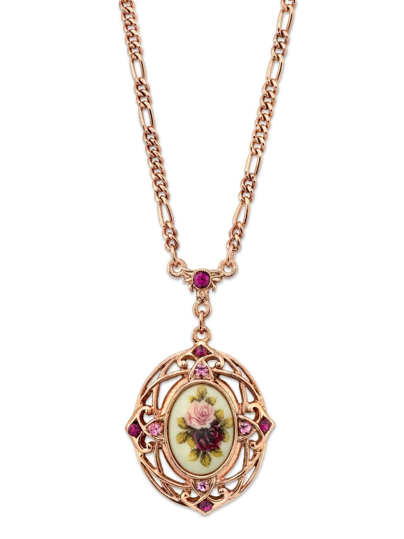 1928 Jewelry Manor House Rose Purple Crystal Flower Pendant Necklace 28"