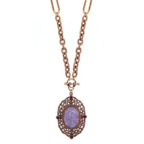 2028 Jewelry Amethyst Glass Quartz & Amethyst Crystal Filigree Pendant Necklace 30"
