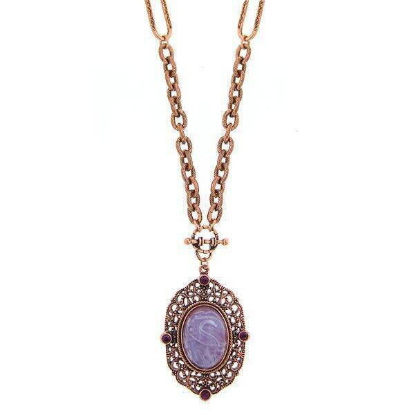 2028 Jewelry Amethyst Glass Quartz & Amethyst Crystal Filigree Pendant Necklace 30"