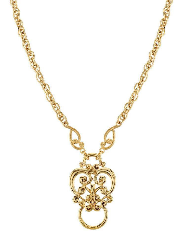 1928 Jewelry Heart Filigree Badge & Eyeglass Holder Chain Necklace 28"
