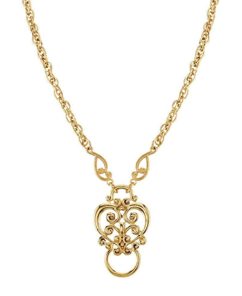 1928 Jewelry Heart Filigree Badge & Eyeglass Holder Chain Necklace 28"