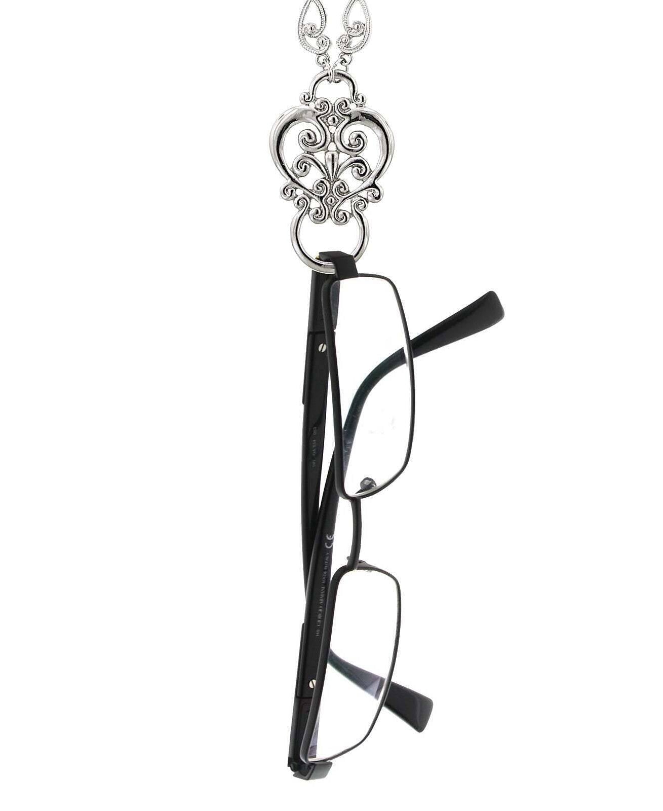 1928 Jewelry Heart Filigree Badge & Eyeglass Holder Chain Necklace 28"