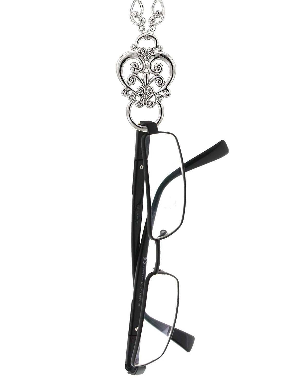 1928 Jewelry Heart Filigree Badge & Eyeglass Holder Chain Necklace 28"