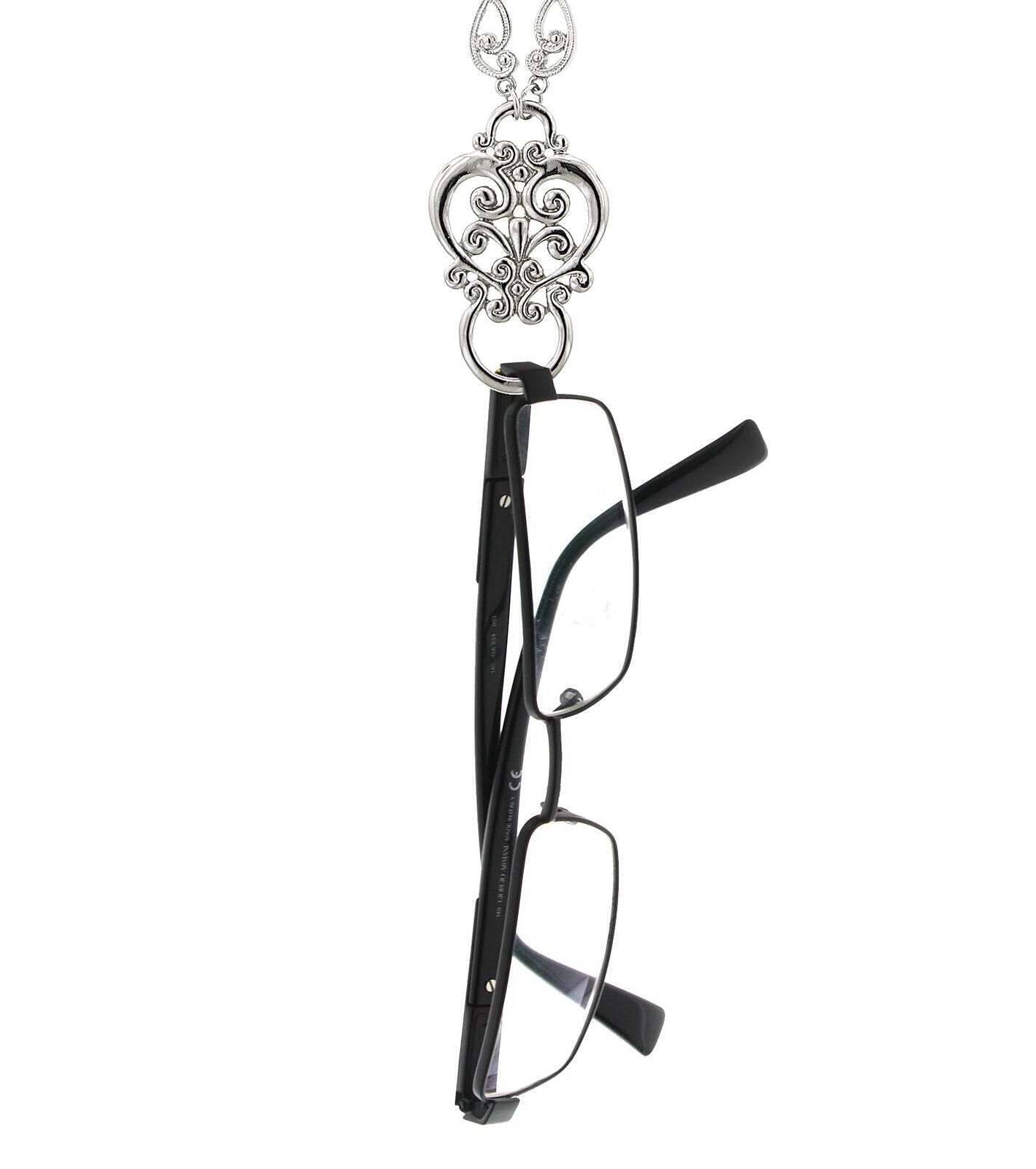 1928 Jewelry Heart Filigree Badge & Eyeglass Holder Chain Necklace 28"